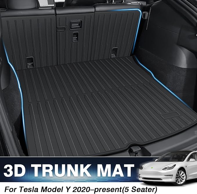 KUST Custom Fit Trunk Mat for 2020-2024 2025 Tesla Model Y Accessories 5 Seater (Not for 7 Seat or Juniper) Cargo Mat Liner Back Seat Protector All Weather Protection Black