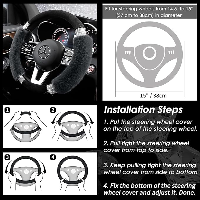 Achiou Rhinestone Fluffy Steering Wheel Cover - Comfortable Non-Slip Luxury Faux Wool, Universal Fit for 14.5" to 15" Steering Wheels