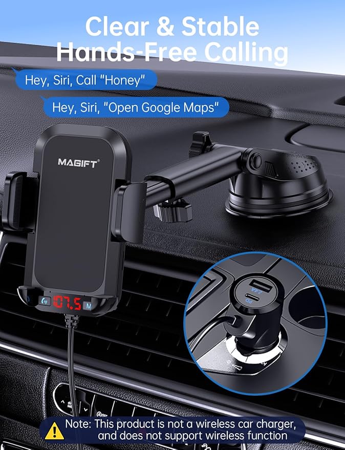 Bluetooth Car Adapter 3 in 1 FM Transmitter Car Radio Bluetooth Transmitter with Phone Holder, PD 36W Fast Charging, Strong Microphone, HiFi Bass Sound, Hands-Free Call, Support USB/TF Drive