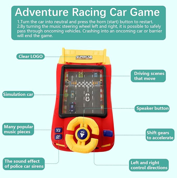 Racing Adventure Car Steering Wheel with 12 Music, Toddler Simulated Driving Racing Car Game with Reality Sound, Musical Steering Wheel Toys for Boys Girls Over 3 Years