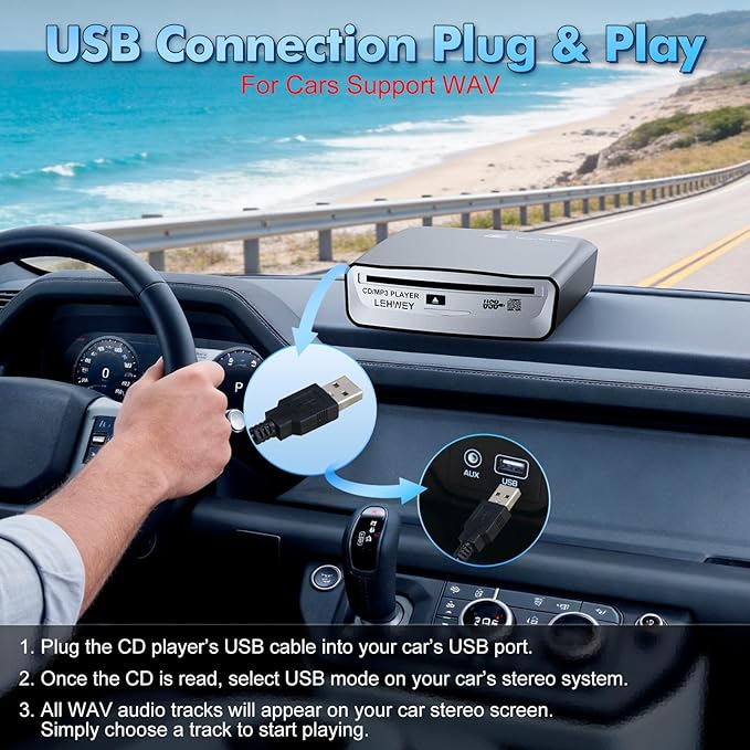 Lehwey USB CD Player for Car, External Car Cd Players with AUX & FM Transmitter, Portable CD Player for Cars Without CD Drive, Anti-Skip, Remote Control, Works with Most Cars, SUVs, Trucks