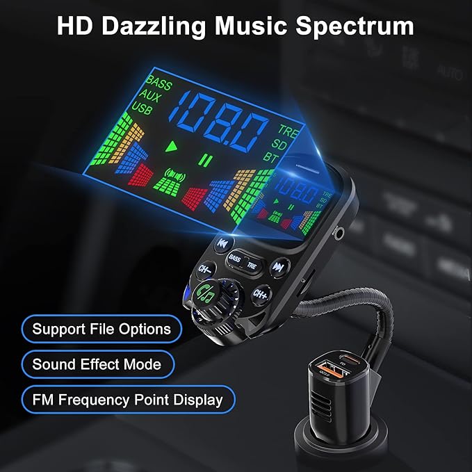 Bluetooth 5.3 FM Transmitter for Car SOARUN Bluetooth Car Adapter PD30W & USB Port Fast Charge, HiFi Treble & Bass Player, 1.6" Display Hands-Free Calling Truck Radio with AUX Input/Output, TF Card
