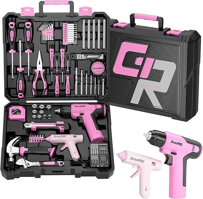 GRENPRO Pink Tool Set Drill Set, 188PCS Tool Kit For Home with Pink Cordless Drill Power, Hand Tool Kit for Women, Basic Household Auto Car Repair Tool Box for Men, Portable Storage Box Tools Sets