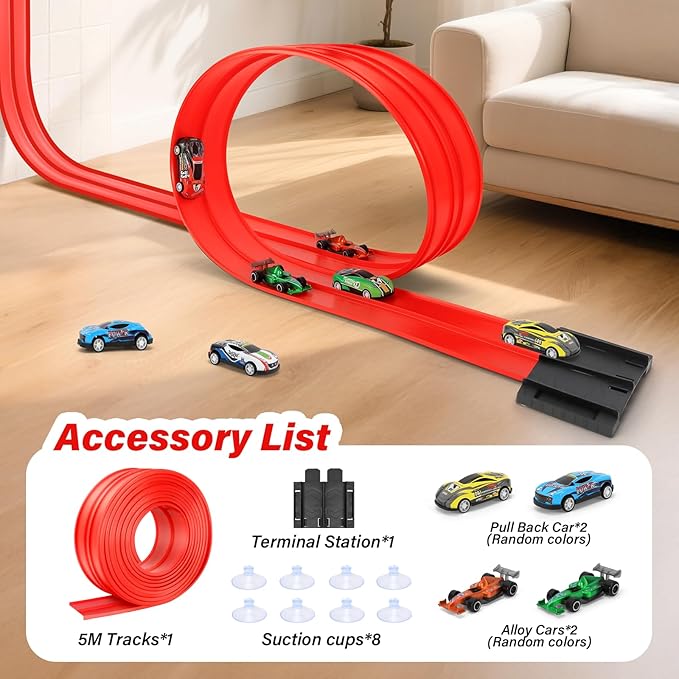 KETIEE Flex Tracks 16Ft for Kids: Flexible Race Car Ramp Track with 4 Small Racecars and 8 Suction Cups Compatible with Diecast 1/64th Cars, Rolls Up Portable Racetrack for Ages 3 & Up