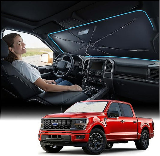 Nmoiss Windshield Sun Shade Umbrella for Ford - [Vinyl Coating Heat Shield] Protect Car from Sun Rays & Heat Damage Keep Cool and Protect Interior, Spring Structure Edge