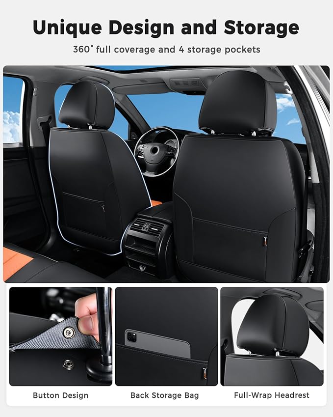 Huidasource Seat Covers Full Set, Universal Fit for Most Cars SUV Trucks, Full Coverage Leather Seat Cover, Airbag, Cupholder Compatible, Seat Function Retain, Easy Install with Velcro, Black&Orange