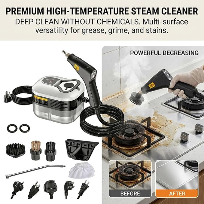 Saker Handheld Steam Cleaner, 1200ml Large Capacity, 6 Adjustable Steam Levels, Portable 221°F High-Temp Steamer for Kitchen, Bathroom, Car Interior and Multi-Surface Cleaning (White-Dual Control)
