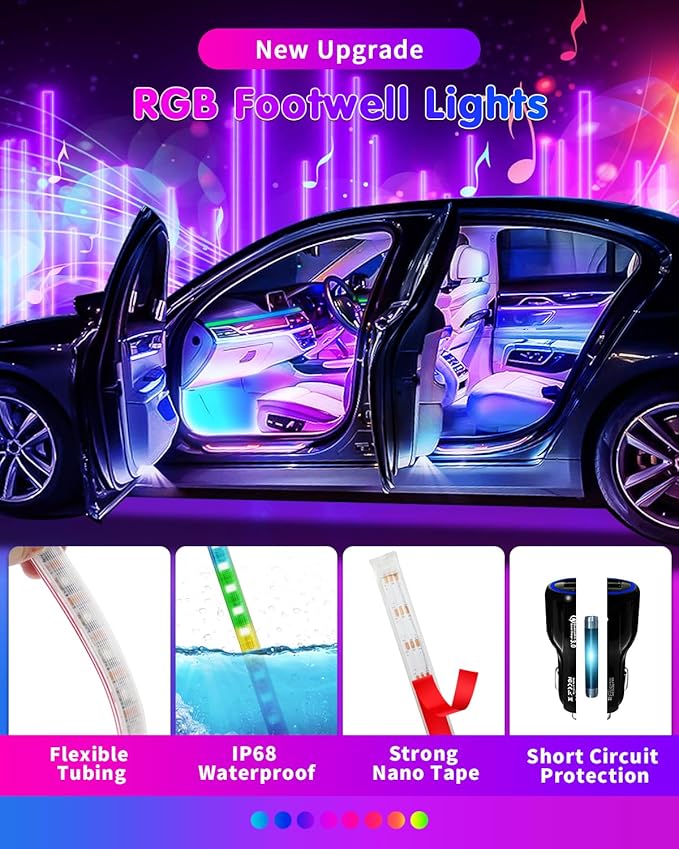 DUOFU365 Car Led Light Interior, RGB Dreamcolor Inside Light Music Sync, Under Dash Footwell Automotive Strip Light, 12V Acrylic Strip Light for Vehicle, Truck,Jeep, SUV with Car Charger(1set)