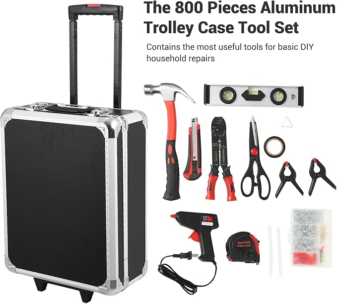 800-Piece Mechanics Tool Set with Rolling Aluminum Case, Complete Socket & Wrench Kit with Hand Tools, Portable Garage Tool Box for Auto Repair, Home Maintenance, DIY Projects & Garden Work