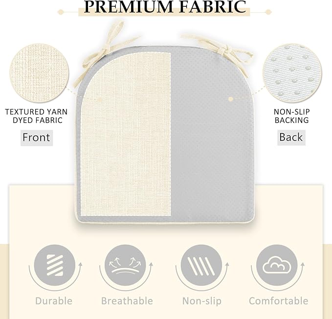 Wellsin Chair Cushions for Dining Chairs 6 Pack - Kitchen Chair Cushions with Ties and Non-Slip Backing - Dining Chair Pads 16"X16"X2", Beige