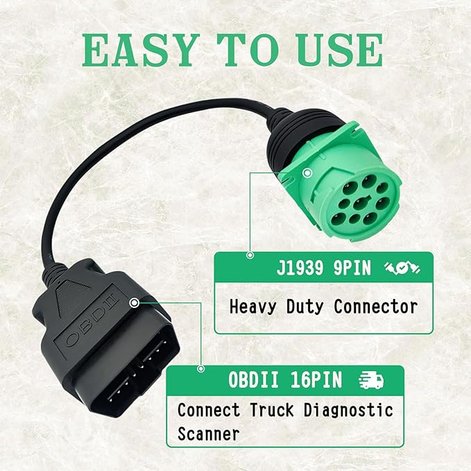 OBD2 to J1939 Green Type 2 Adapter Cable for Heavy Duty Trucks and Commercial Vehicles with 9 Pin to 16pin OBD II Truck Diagnostic Connector, Male