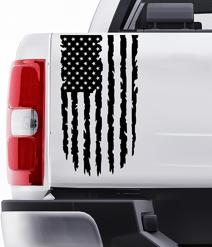 GRITKULTURE Distressed American Flag Vinyl Decal 17 inches by 9 inches for Trucks, Cars, and Windows Compatible with Most Pickup- Rear Graphic USA, US Flag Car Sticker (Black)