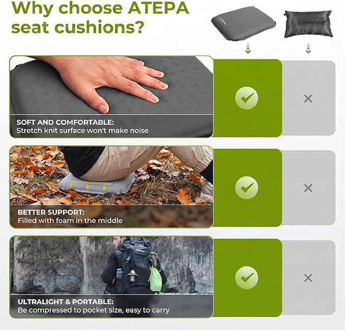 ATEPA Inflatable Seat Cushion, Compact Self-Inflating Seat Cushion for Stadium Airplane Air Travel Bleacher Camping, Blow Up Foam Seat Pad for Outdoor Sports Events Backpacking Hiking Sitting