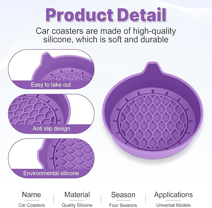 SINGARO Car Cup Holder Coaster, Silicone Cup Holder Insert, Universal Non-Slip Cup Holders, Car Accessories Interior for Women and Man 4 Pack Light Purple