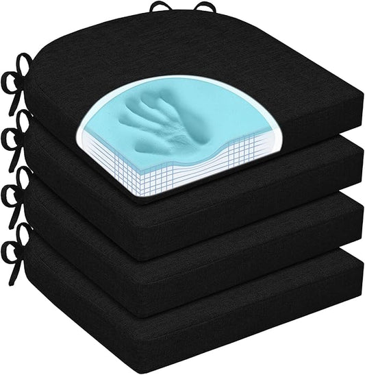 Chair Cushions for Dining Chairs, Non Slip Chair Pads with Ties and Washable Covers, Memory Foam Kitchen Chair Cushions Set of 4, 16"X16"X2.5", Black