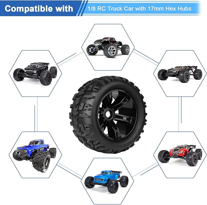 Pre-Glued 1/8 Truck Wheels Tires Set 17mm Hex Compatible with Traxxas Maxx, T-maxx, E-Revo, Arrma Kraton, Redcat Kaiju, JLB Cheetah 4-pack