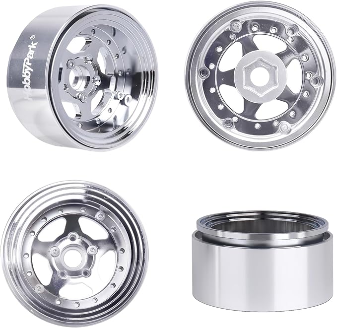 HobbyPark Negative Offset -10mm 1.9 Beadlock Wheels Deep Dish Aluminum Chrome for Scale 1/10 RC Crawler Axial SCX10 TRX4 VS4-10 Redcat Gen8 RC4WD D90 Rock Crawler Truck, 4pcs