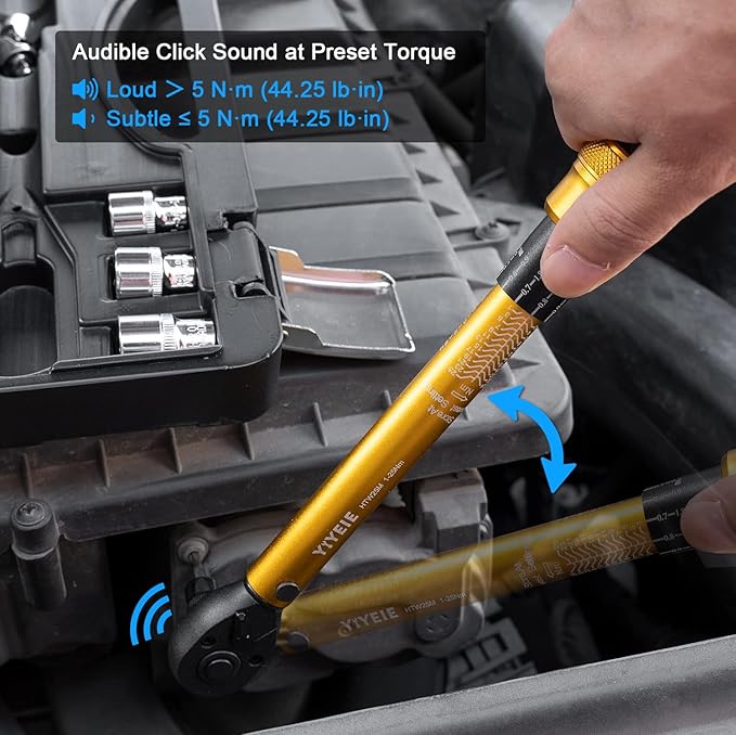 YIYEIE 1/4 Inch Drive Bike Torque Wrench, 1-25 Nm (10-222.5 in.lb), 27 PCS Click Bicycle Torque Wrench with Bit Sockets, 0.1 Nm Micro, 72-Tooth Ratchet, 3/8 Adapter, for MTB, E-Bike, Motorcycle