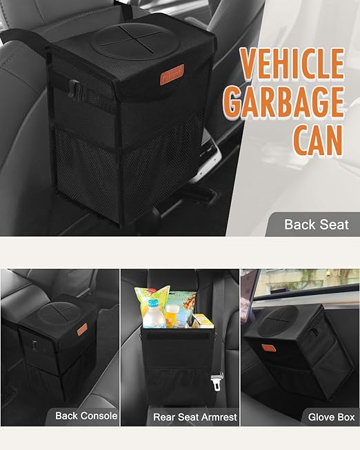 Pritent Car Trash Can with Lid, Cute Leakproof Car Trash Garbage Bag Hanging Vehicle Trash Bin Small Portable Automotive Garbage Cans Organizer for Back/Front Seat/Console(2.8 Gallons,Black)