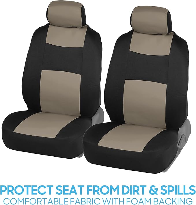 BDK PolyPro Car Seat Covers Full Set in Light Beige on Black, Front and Rear Split Bench Seat Covers for Cars, Easy to Install Car Seats Cover Set and Accessories for Auto Trucks Van SUV - Light Beige