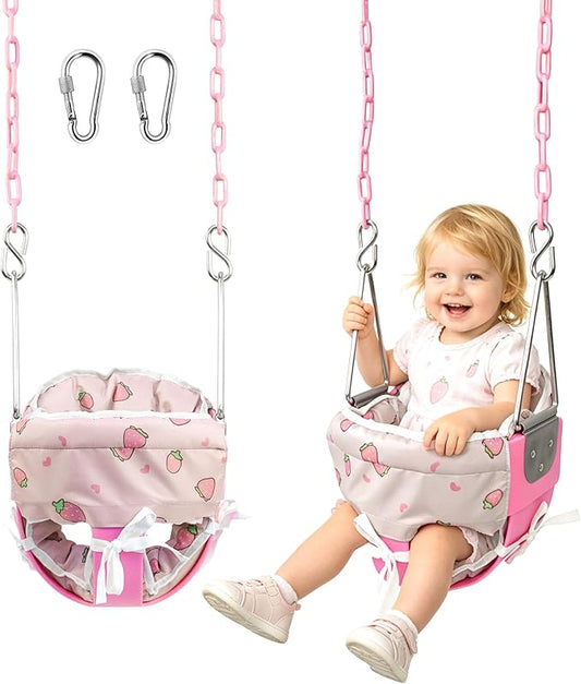 Take Me Away Pink Swing Seat - Heavy Duty High Back Full Bucket Toddler Swing Seat Chain Plastic Coated Baby Swing Outdoor - Playground Swing Set Accessories Replacement
