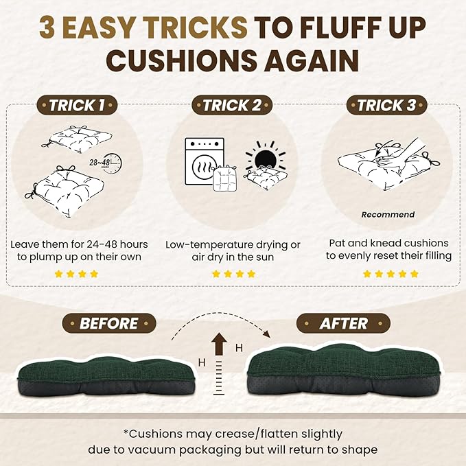 downluxe Indoor Chair Cushions for Dining Chairs, Tufted Overstuffed Textured Kitchen Chair Pads with Ties and Non-Slip Backing, 16.5" x 16.5" x 4", Dark Green, 4 Pack