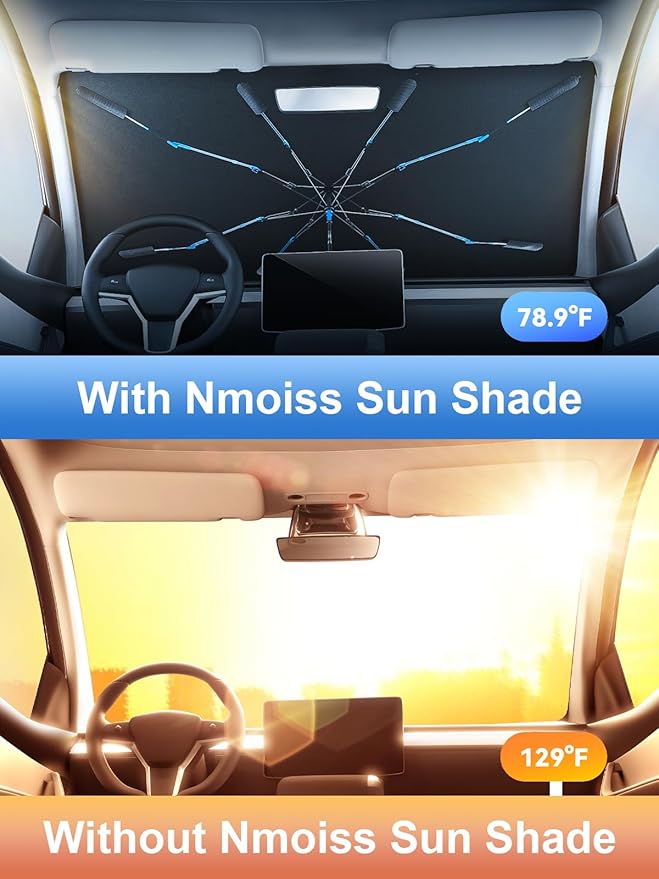 [Drive to Superior Coolness & Comfort] Nmoiss Ice Rib Windshield Sun Shade Umbrella High Speed Cooling 99% UV Blocking Protects Car from Sun and Heat Damage Medium (56" L x 31" W)