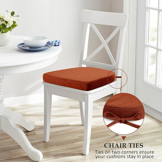 Wellsin Chair Cushions for Dining Chairs 4 Pack - Kitchen Chair Cushions with Ties and Non-Slip Backing - Dining Chair Pads 16"X16"X2", Orange