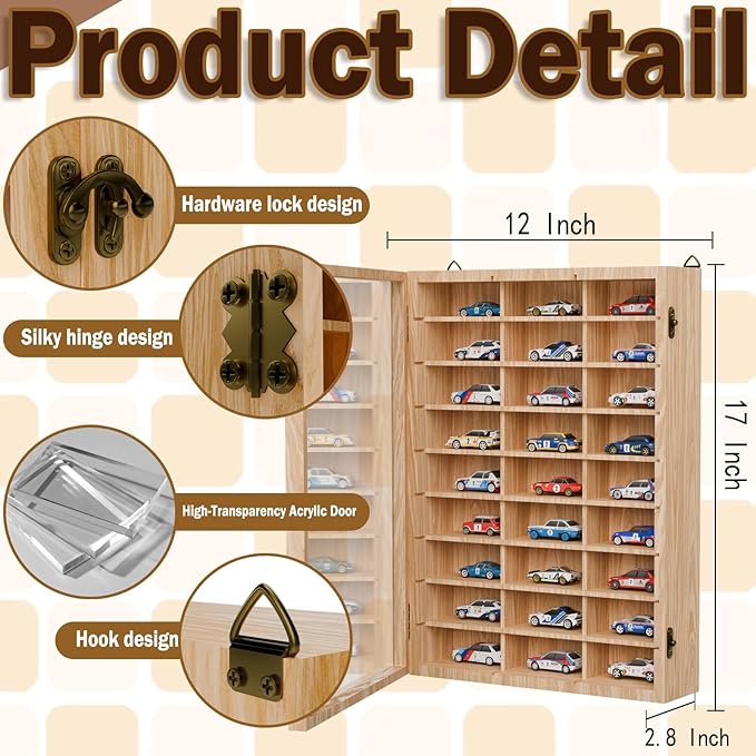 2 Pack Hot Wheels Storage Display Case Wall Mounted, Wooden Hotwheels Toy Car Storage 1/64 Display Case Shelf Organizer for 54 Hot Wheel Model Car (2, WoodColor, Only Case)