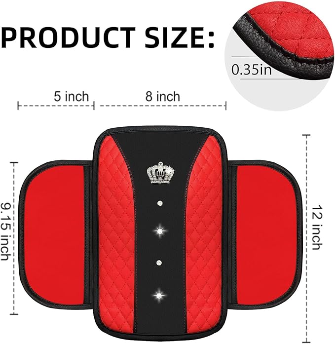 NBTEPEM 6 PCS Bling Car Accessories Set, Leather Steering Wheel Covers Universal 14.5-15 inch, Center Console Cover, Seat Belt Cushion, Cup Holder Coaster (Red)