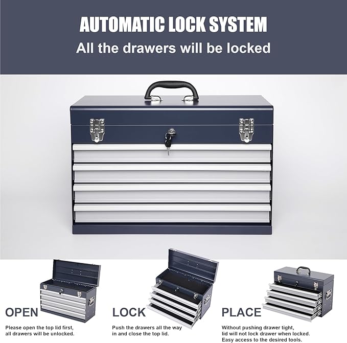 21" Portable 4 Drawer Steel Toolbox, 5 Layers of Tools with Metal Latches, with Top Storage Tray and Carrying Handle, Multi-Function Tool Chest for Garage, Home,or Workbench（grey）