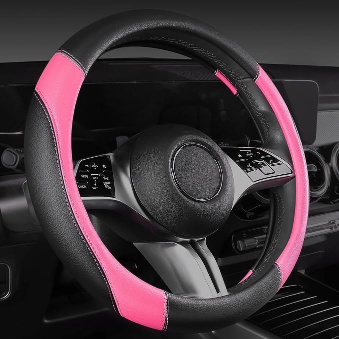 CAR PASS Faux Leather Steering Wheel Cover and Waterproof Car Floor Mats,Universal Car Combo Fit for 95% Sedan,SUV,Cars,14.5-15inch Sporty Anti-Slip Safety Comfortable Design(Black＆Pink)