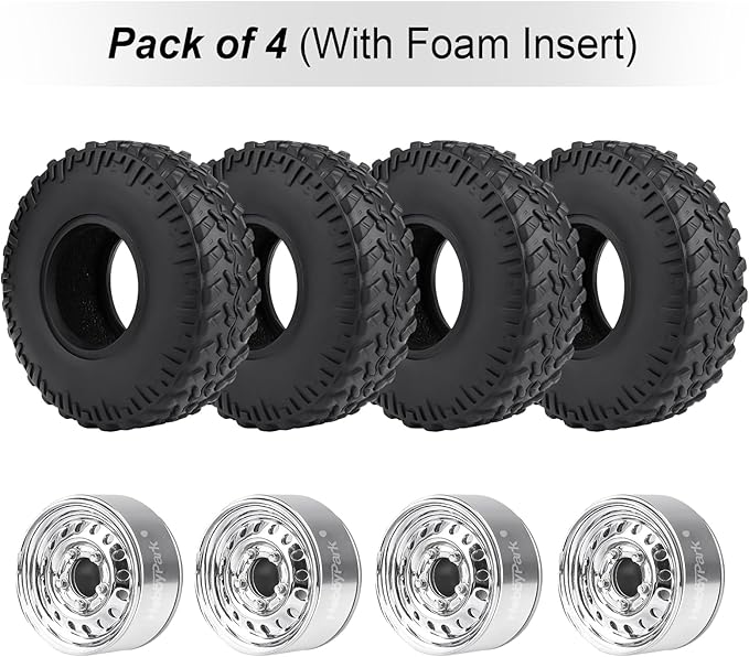 HobbyPark 1.0 Beadlock Wheels and Tires Negative Offset Stamped Steel 1.0" Wheels 1.0 Beadlocks for 1/24 1/18 RC Crawler TRX4M SCX24 FCX24 Upgrades Parts Soft Rubber Good Grip (w/52x20mm Tires A)