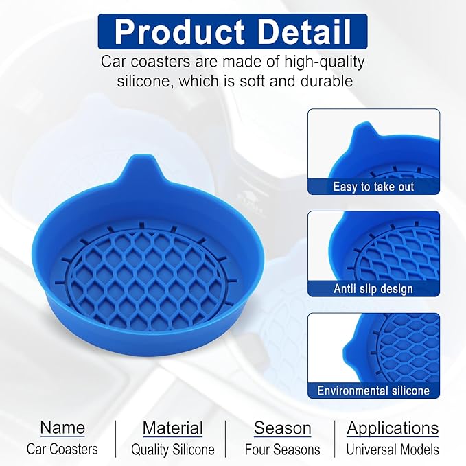 SINGARO Car Cup Holder Coaster, Silicone Cup Holder Insert, Universal Non-Slip Cup Holders, Car Accessories Interior for Women and Man 4 Pack Blue
