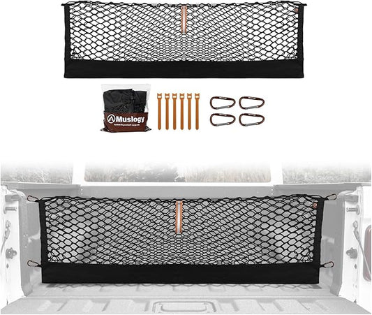 Muslogy Truck Bed Cargo Net Trunk Netting Compatible with Jeep Gladiator 2020-2025 2026 JT Accessories, Pickup Cargo Organizer SUV Sedan Storage Net w/Heavy Duty Carabiners