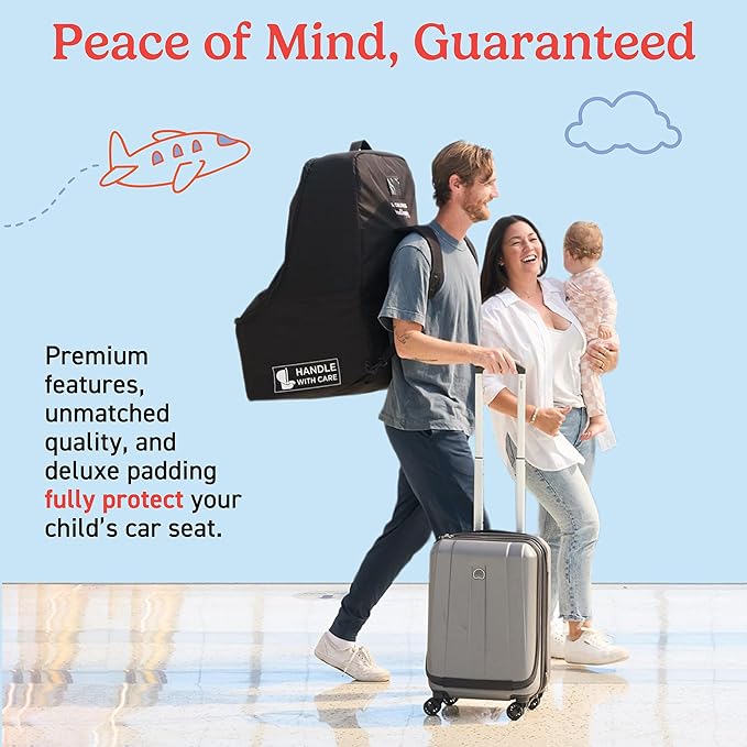 J.L. Childress Padded Backpack Car Seat Bag - Car Seat Travel Bag for Airplane, Fits Most Baby & Infant Carriers & Bootsters, Accessories for Gate or Baggage Check, AirTag Compatible - Deluxe, Black