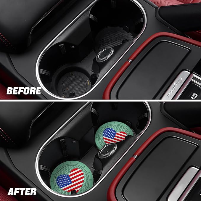 AUCELI 2 Pack Car Cup Holder Coasters, Colored American Flag US Flag Insert Car Cup Coaster, 2.75 Inch Anti Slip Shockproof Embedded Drink Mat, Vehicle Interior Decor Accessories