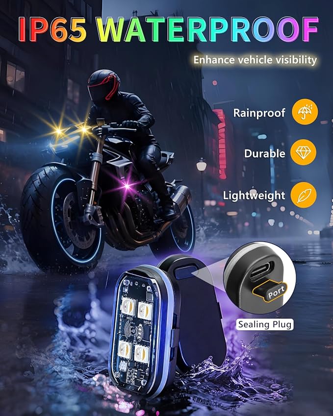 Upgraded 4PCS Wireless LED Strobe Lights for Car, 8 Colors Interior Car Lights with Remote Control, USB-C charging Warning Light for Car Motorcycle Drone Bike Decor