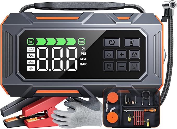 Portable Jump Starter with Air Compressor 8000A 160PSI, 16-in-1 Car Battery Jump Starter with Emergency Kit, Auto-Shutoff Tire Inflator, Jumper Cables, Jump Box Car Battery for All Gas/14L Diesel