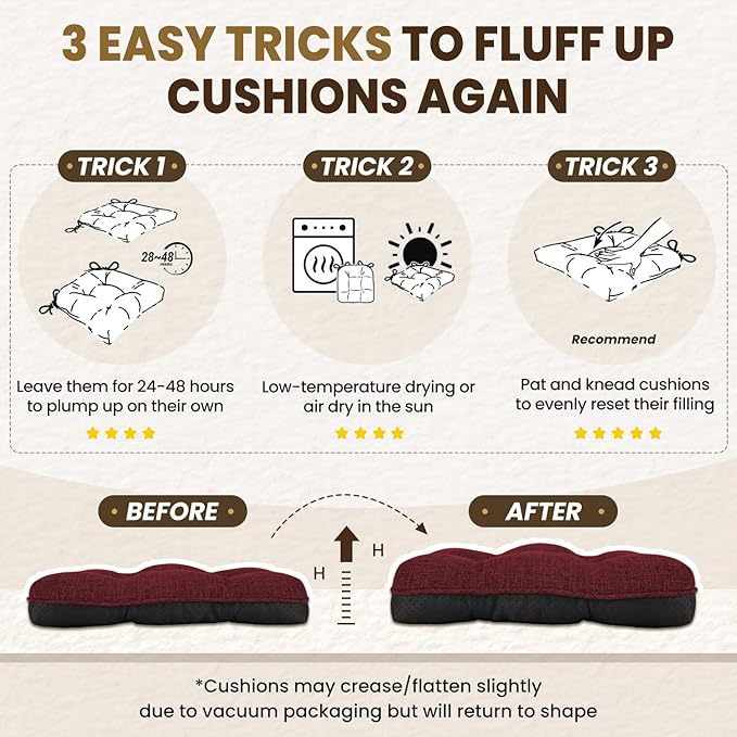 downluxe Indoor Chair Cushions for Dining Chairs, Tufted Overstuffed Textured Kitchen Chair Pads with Ties and Non-Slip Backing, 15.5" x 15.5" x 4", Burgundy, 4 Pack
