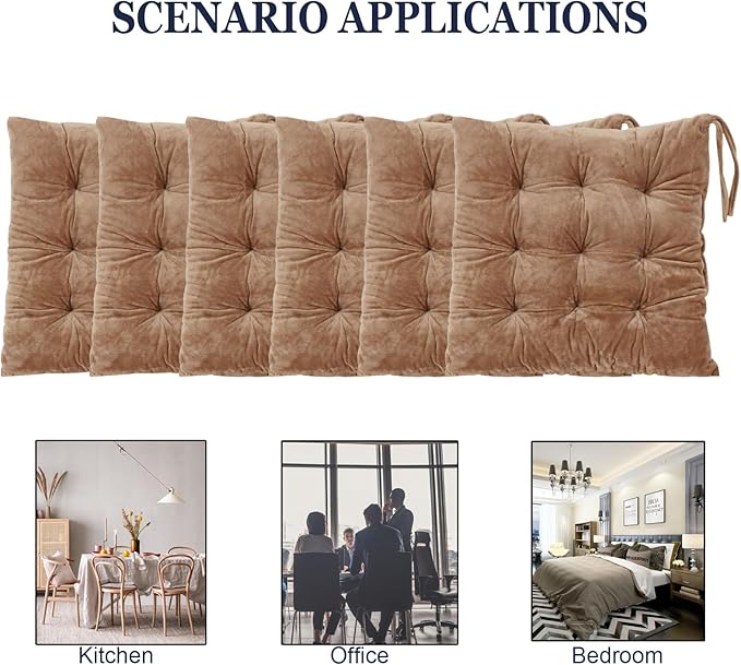 6 Pack Square Seat Cushion Chair Pads for Kitchen Dining Chairs, Soft Comfort Velvet Chair Mat Pillow Cushions with Ties for Office Desk Living Room Tatami 15.5", Khaki