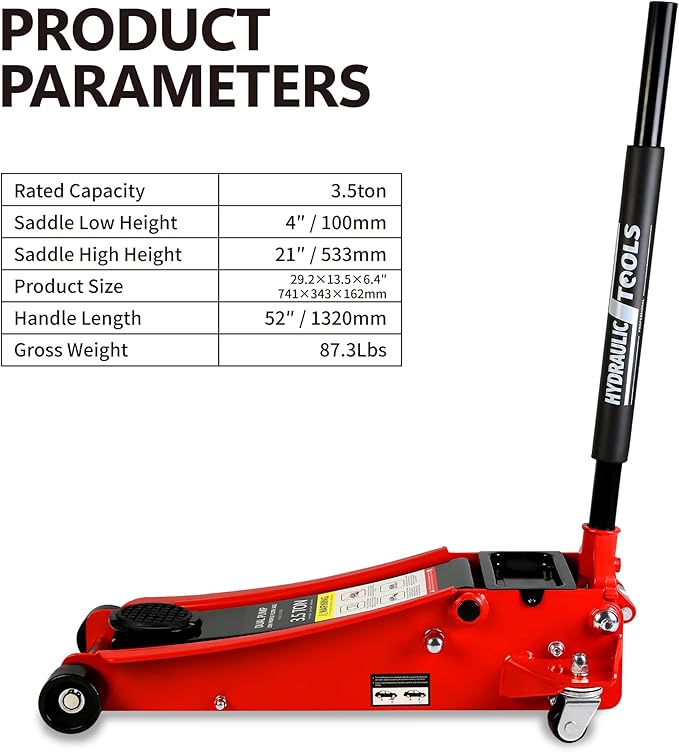 Henf 3.5 Ton Low Profile Trolley Floor Jack,Professional Steel Racing Jack with Dual Pistons Quick Lift Pump,Red Heavy Duty Hydraulic Lifting Range 4''-21'',3.5 (7,000 lb) Capacity