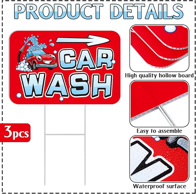 Blulu 3 Pcs Car Wash Arrow Yard Signs 15.7 x 12 Inches Car Wash Sign Double Sided Yard Decoration with Stakes for Outdoor Business Advertising and Events Publicity(Red)