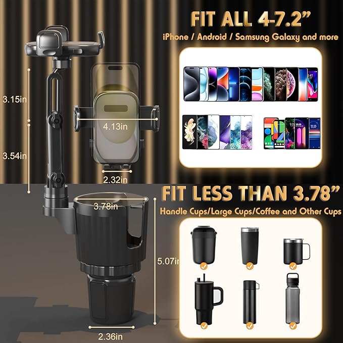 bokilino Phone Holders for Your Car, 2 in 1 Universal Cup Holder Expander Adjustable Base with Phone Mount, Long Arm with 360°Rotation Cup Holder Phones Mount for Car Compatible with All Smartphones
