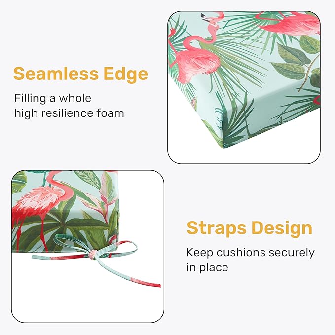 UNIKOME Outdoor Chair Cushions Pack of 4, Water Resistant Patio Cushions with Ties, High Density Sponge Filling Square Corner Seat Cushions for Outdoor Furniture, 19"*19"*3", Flamingos