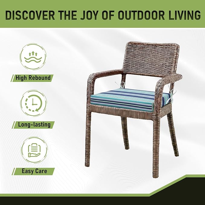 Basic Beyond Outdoor Chair Cushions Set of 6, Square Corner Outdoor Cushions for Patio Furniture, Water Resistant Patio Chair Cushions with 2 Ties, 18.5x16x3, Pinstriped Blue