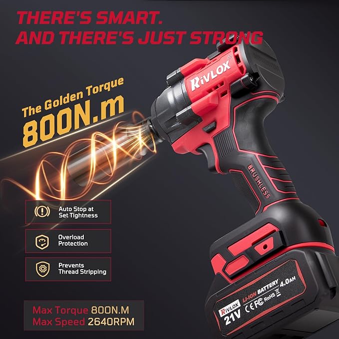 Cordless Impact Wrench1/2 Inch, 800N. M/590Ft-lbs Power Impact Gun Kit, High Torque Electric Impact Driver for Car RV Tire,LED Light,4.0Ah Battery,Car/DIY Furniture/Home,Power tools,Red Toolbox