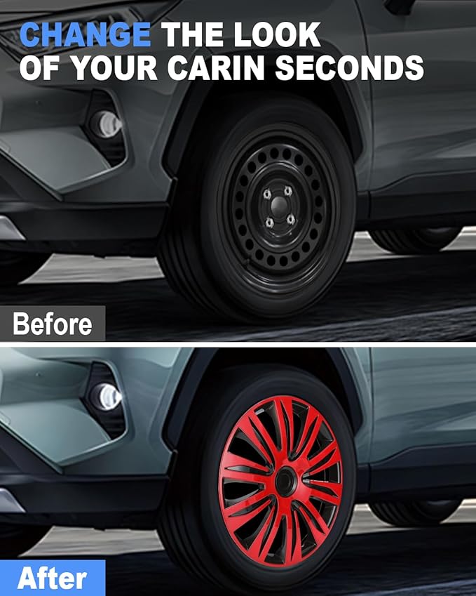 ABX Hubcap Wheel Covers Hub Caps 16 Inch Set of 4 Black & Red Universal Wheel Rim Cover R16 Stylish Car Decor Wheel Covers