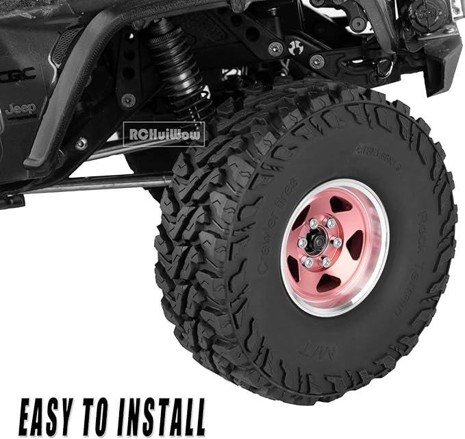 RC Alloy 1.9" Beadlock Wheels and Tires for 1/10 RC Crawler TRX4 SCX10 SCX10 III 90046 D90,1.9 RC Wheels and Tires 1.9 Beadlock Tires RC Rims,4 Packs,Pink