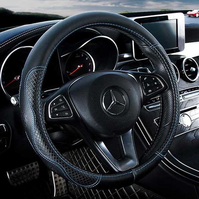 Red Rain Black and Blue Leather Steering Wheel Cover Cowhide Car Steering Wheel Cover Universal Size M / 15inch Fit Car/Auto/SUV (A-Black+Blue-M)